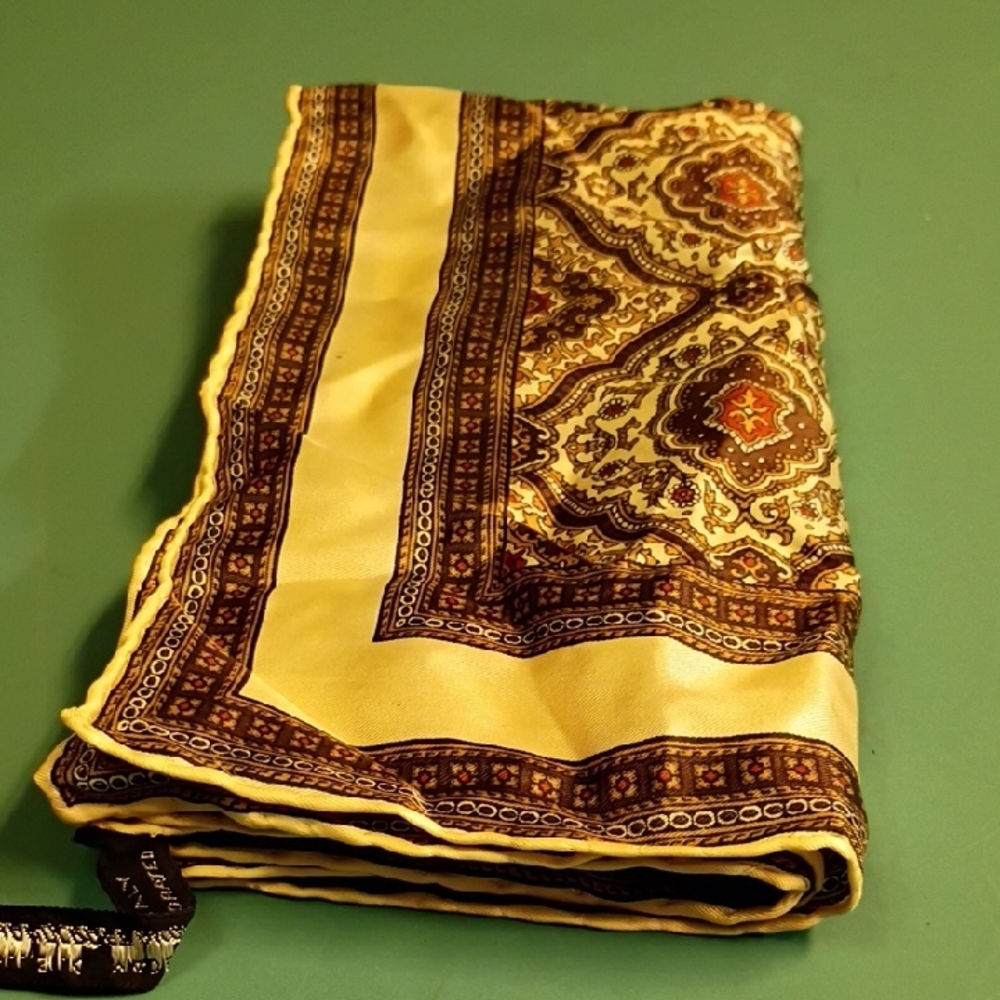 Elegant Silk Gold and Brown Scarf Handcrafted Italy Granny Chic